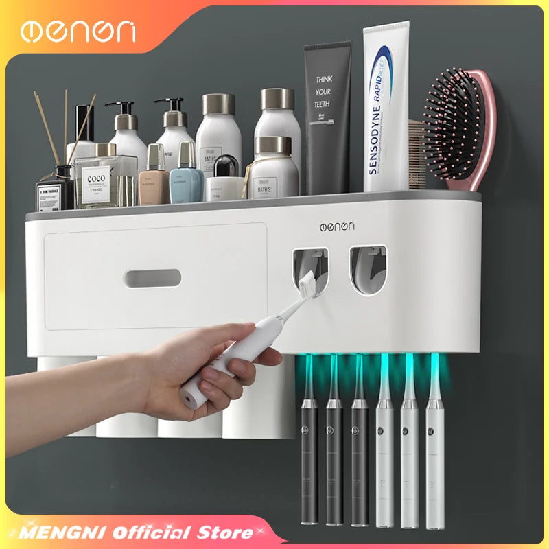 -Magnetic Adsorption Inverted Toothbrush Holder Wall -Automatic Toothpaste Squeezer Storage Rack Bathroom Accessories