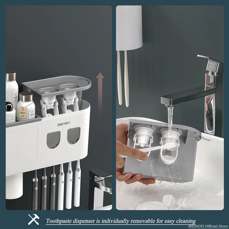 -Magnetic Adsorption Inverted Toothbrush Holder Wall -Automatic Toothpaste Squeezer Storage Rack Bathroom Accessories